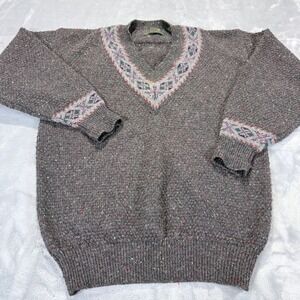 Hunting Horn J Riggings Mens Medium Wool V-Neck Sweater‎ Grey Confetti Fair Isle